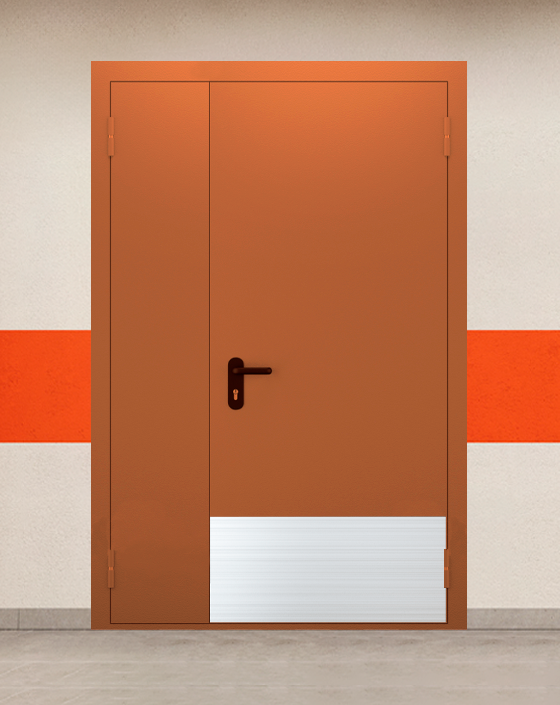 Противопожарная полуторная коричневая дверь EI 45 без доводчика с широким отбойником