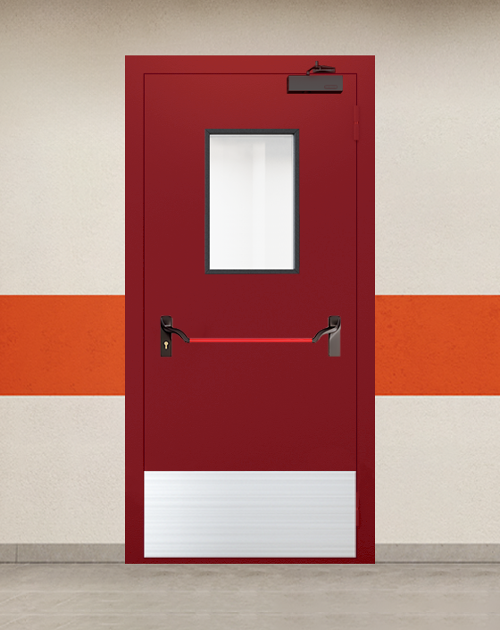 Противопожарная однопольная красная дверь EI 90 с ручкой антипаника, прямоугольным окном, широким отбойником
