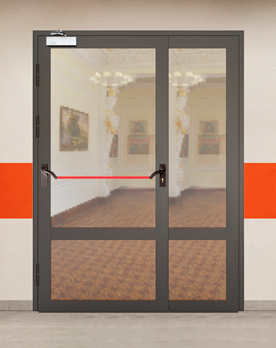 Противопожарная полуторная светопрозрачная стальная коричневая дверь EIW 60 с ручкой антипаника