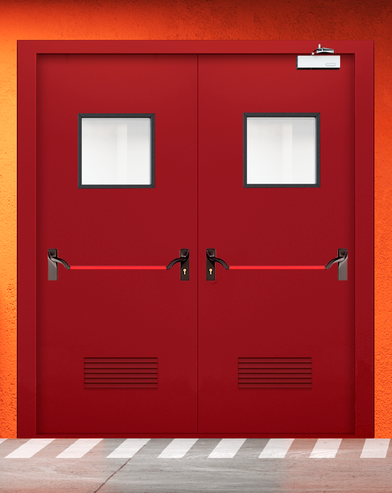 Противопожарная двупольная красная дверь EIW 45 с ручкой антипаника, квадратным окном, прямоугольной решеткой