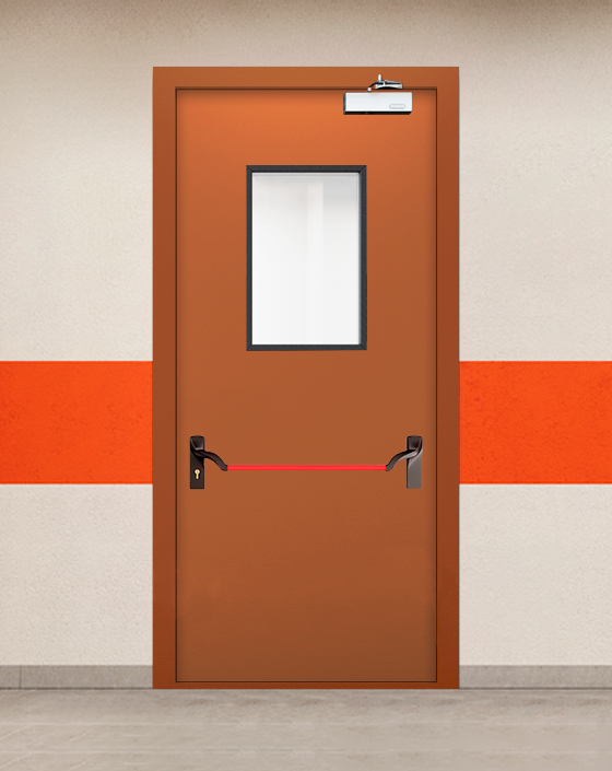 Противопожарная однопольная коричневая дверь EIW 60 с ручкой антипаника, прямоугольным окном