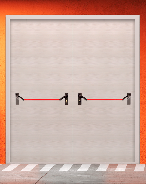 Противопожарная двупольная МДФ бежевая дверь без доводчика с ручкой антипаника
