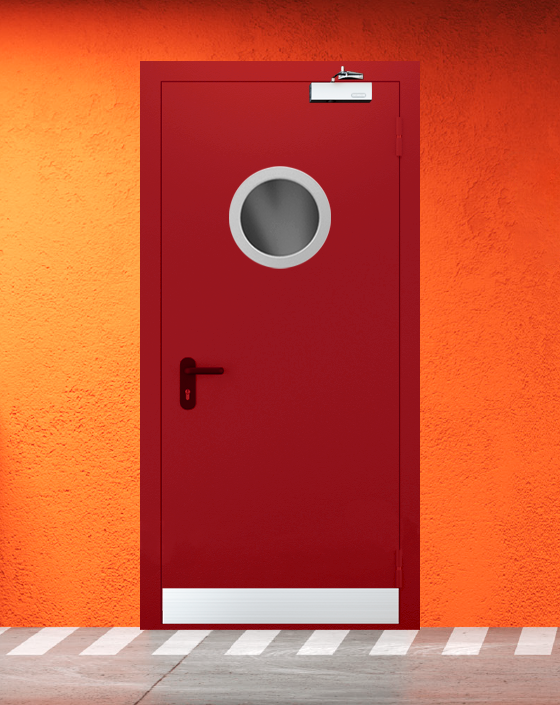 Противопожарная однопольная красная дверь EIW 45 с круглым окном, узким отбойником