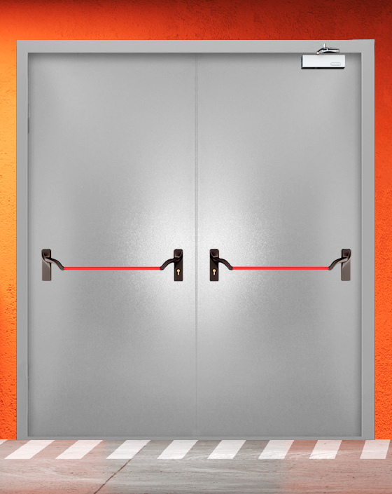 Противопожарная двупольная серая дверь порошковым напылением EIS 30 с ручкой антипаника