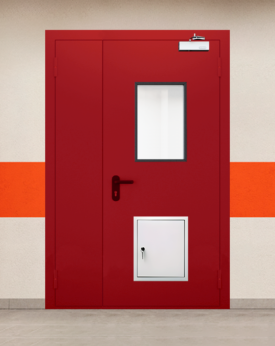 Противопожарная полуторная красная дверь EI 60 (2-го типа) с прямоугольным окном, стыковочным узлом