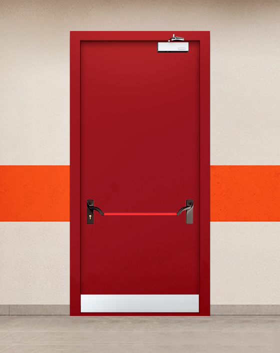 Противопожарная однопольная красная дверь EIWS 60 с ручкой антипаника, узким отбойником