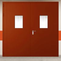 Ворота металлические двустворчатые красные с двумя окнами, блестящей ручкой