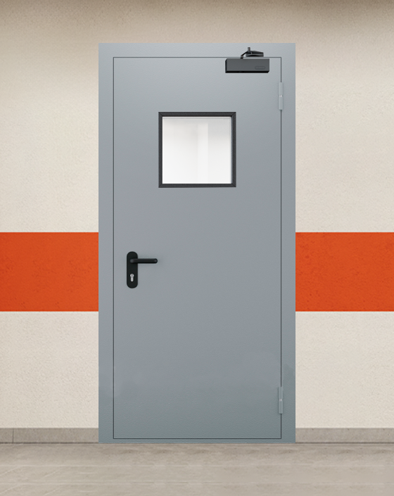 Противопожарная однопольная серая дверь EI 45 с квадратным окном
