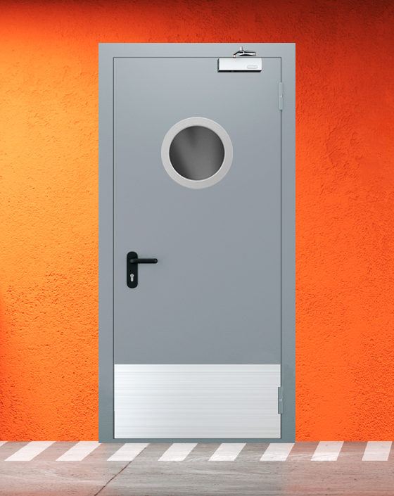 Противопожарная однопольная серая дверь EI 30 (3-го типа) с круглым окном, широким отбойником