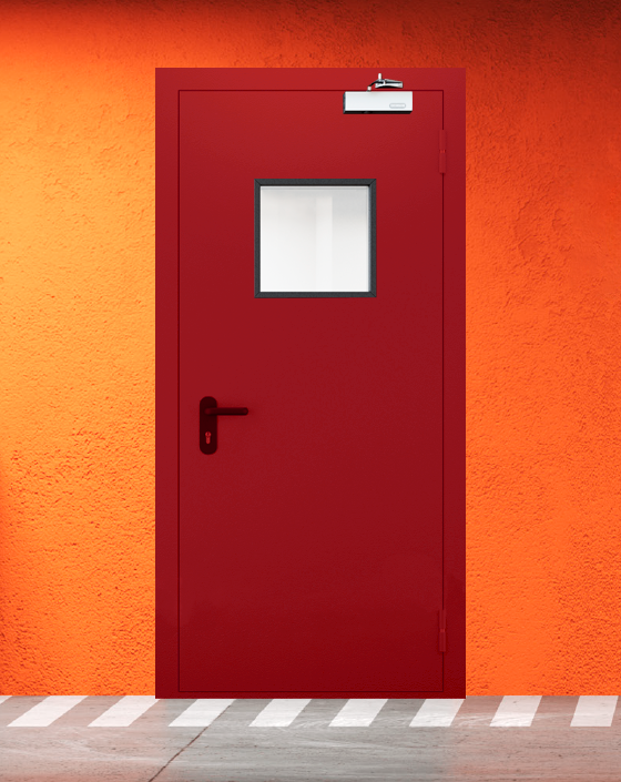 Противопожарная однопольная красная дверь EIW 45 с квадратным окном