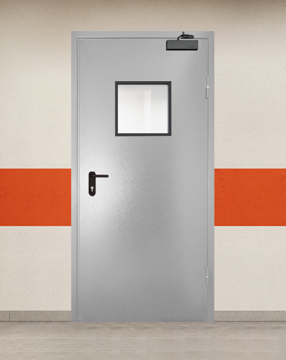 Противопожарная однопольная серая дверь порошковым напылением EI 90 с квадратным окном