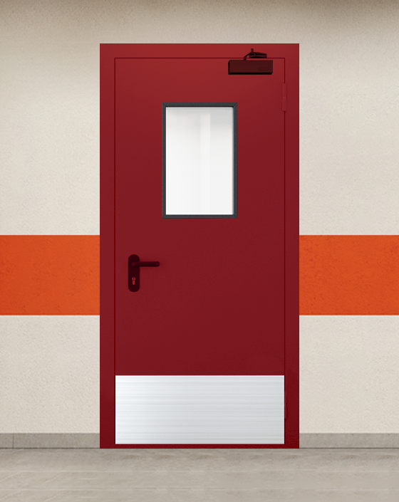 Противопожарная однопольная красная дверь EI 45 с прямоугольным окном, широким отбойником