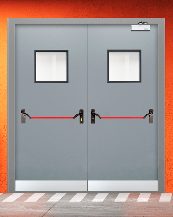Противопожарная двупольная серая дверь EI 30 (3-го типа) с ручкой антипаника, квадратным окном, узким отбойником