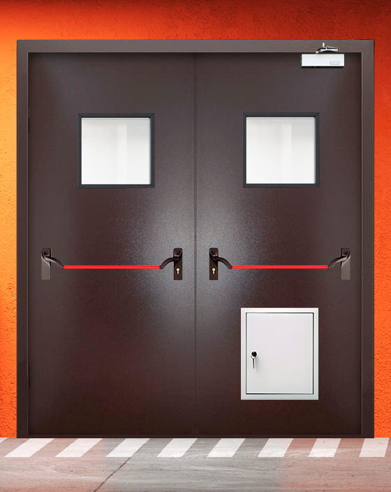 Противопожарная двупольная коричневая дверь порошковым напылением EIWS 60 с ручкой антипаника, квадратным окном, стыковочным узлом