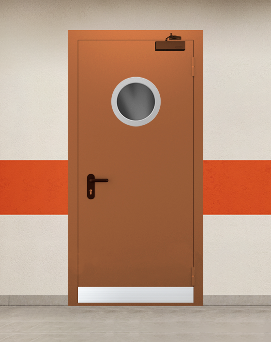 Противопожарная однопольная коричневая дверь EI 45 с круглым окном, узким отбойником