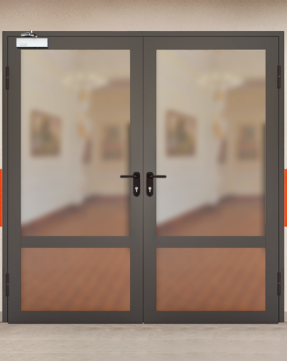 Противопожарная двупольная светопрозрачная стальная коричневая дверь