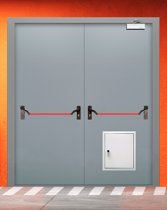 Противопожарная двупольная серая дверь EI 30 (3-го типа) с ручкой антипаника, стыковочным узлом