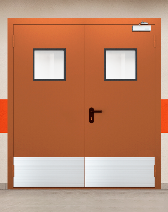 Противопожарная двупольная коричневая дверь EIS 60 с квадратным окном, широким отбойником