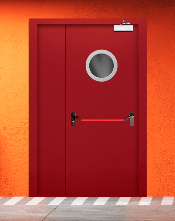 Противопожарная полуторная красная дверь EIW 60 с ручкой антипаника, круглым окном