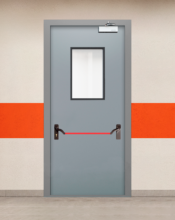 Противопожарная однопольная серая дверь EIS 60 с ручкой антипаника, прямоугольным окном