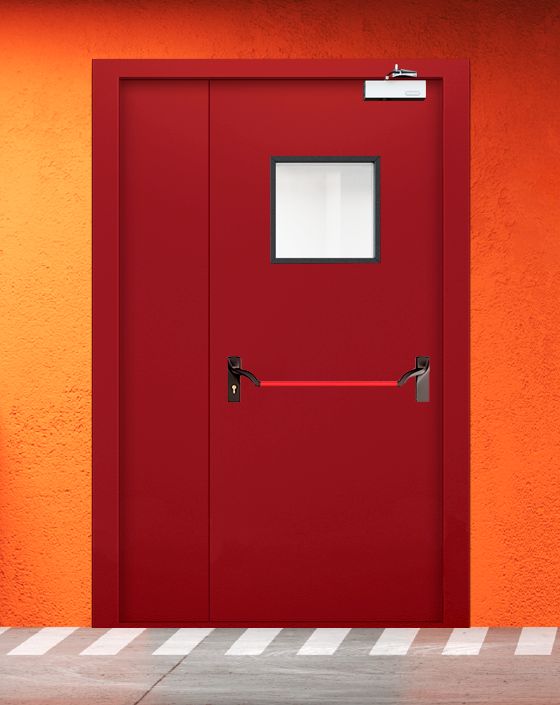 Противопожарная полуторная красная дверь EIW 60 с ручкой антипаника, квадратным окном