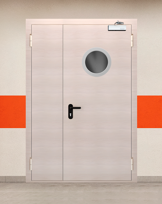 Противопожарная полуторная МДФ бежевая дверь с круглым окном