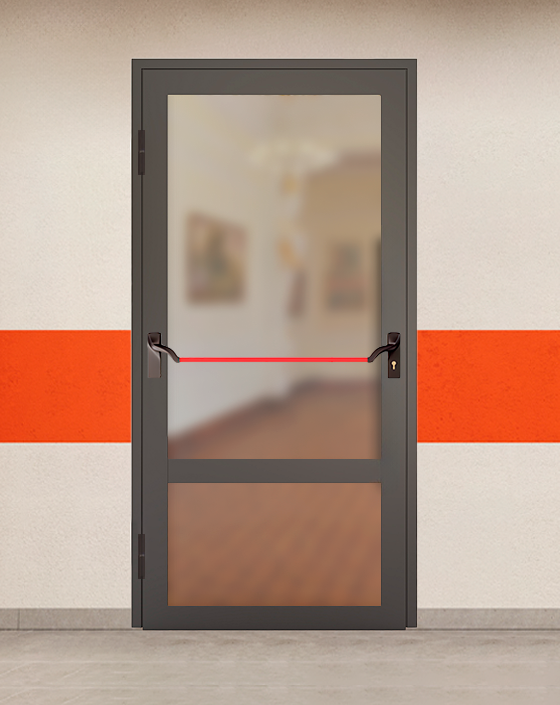 Противопожарная однопольная светопрозрачная стальная коричневая дверь EIW 30 без доводчика с ручкой антипаника