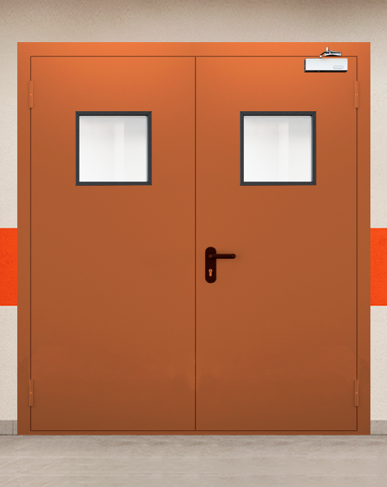 Противопожарная двупольная коричневая дверь EIS 60 с квадратным окном