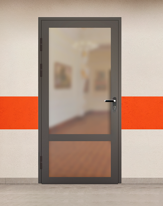 Противопожарная однопольная светопрозрачная стальная коричневая дверь EIW 30 без доводчика с блестящей ручкой