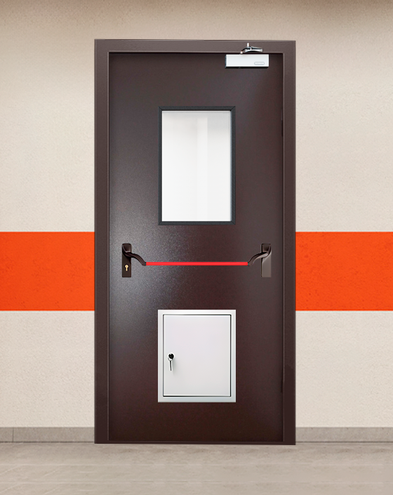 Противопожарная однопольная коричневая дверь порошковым напылением EIWS 45 с ручкой антипаника, прямоугольным окном, стыковочным узлом