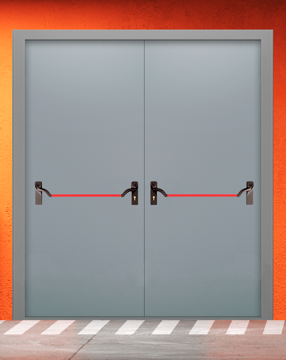Противопожарная двупольная серая дверь EI 30 (3-го типа) без доводчика с ручкой антипаника