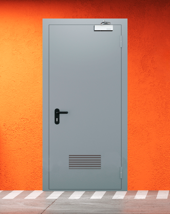 Противопожарная однопольная серая дверь EI 30 (3-го типа) с прямоугольной решеткой