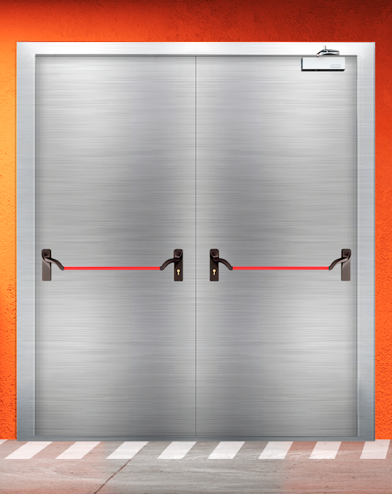 Противопожарная двупольная из нержавеющей стали серая дверь EI 30 (3-го типа) с ручкой антипаника