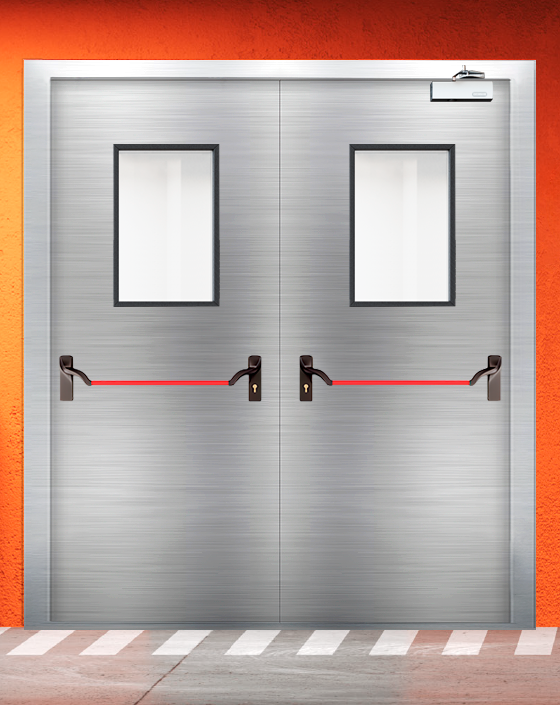 Противопожарная двупольная из нержавеющей стали серая дверь EI 30 (3-го типа) с ручкой антипаника, прямоугольным окном