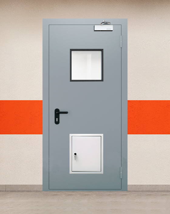 Противопожарная однопольная серая дверь EI 30 (3-го типа) с квадратным окном, стыковочным узлом