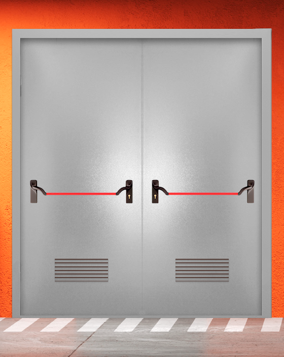 Противопожарная двупольная серая дверь порошковым напылением EIS 30 без доводчика с ручкой антипаника, прямоугольной решеткой