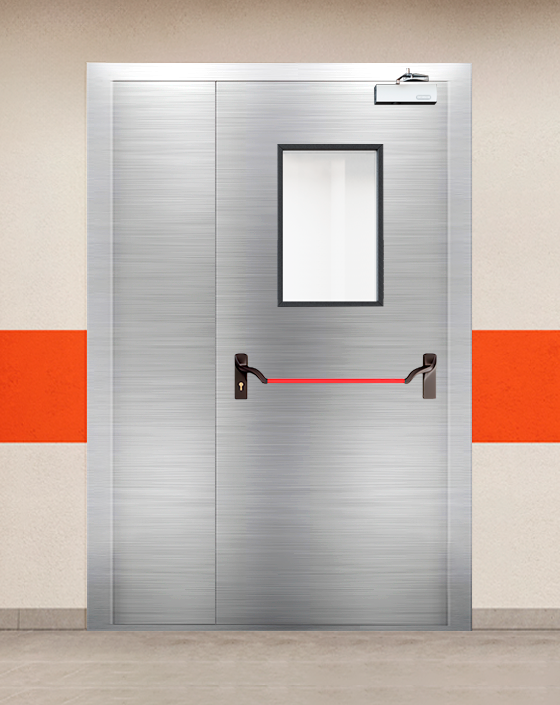 Противопожарная полуторная из нержавеющей стали серая дверь EIS 30 с ручкой антипаника, прямоугольным окном