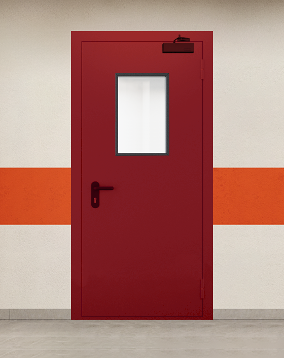 Противопожарная однопольная красная дверь EI 45 с прямоугольным окном