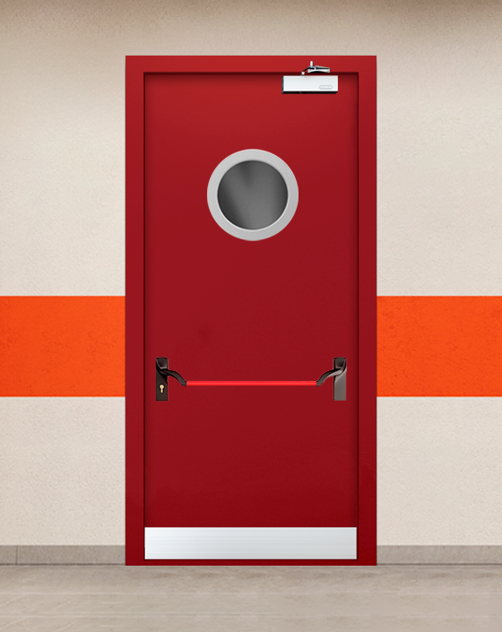 Противопожарная однопольная красная дверь EIWS 60 с ручкой антипаника, круглым окном, узким отбойником