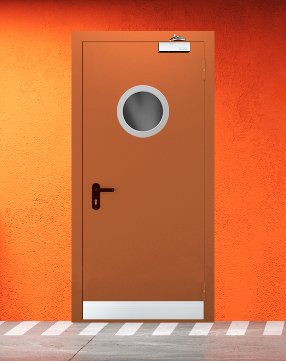 Противопожарная однопольная коричневая дверь EI 60 (2-го типа) с круглым окном, узким отбойником