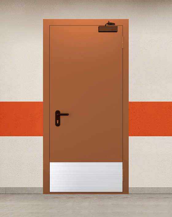 Противопожарная однопольная коричневая дверь EI 45 с широким отбойником