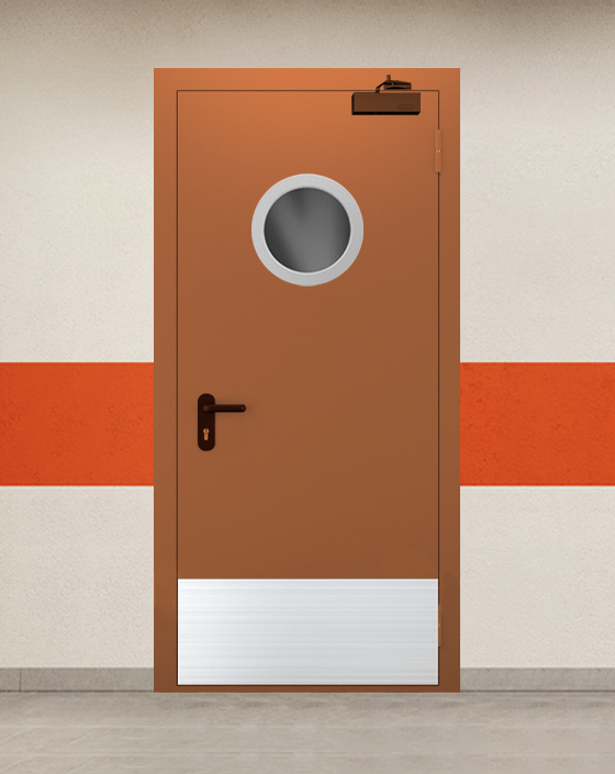Противопожарная однопольная коричневая дверь EI 45 с круглым окном, широким отбойником