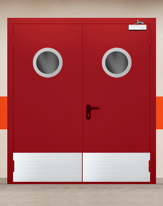 Противопожарная двупольная красная дверь EIWS 90 с круглым окном, широким отбойником