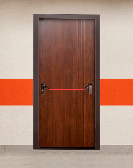 Противопожарная однопольная МДФ коричневая дверь без доводчика с ручкой антипаника