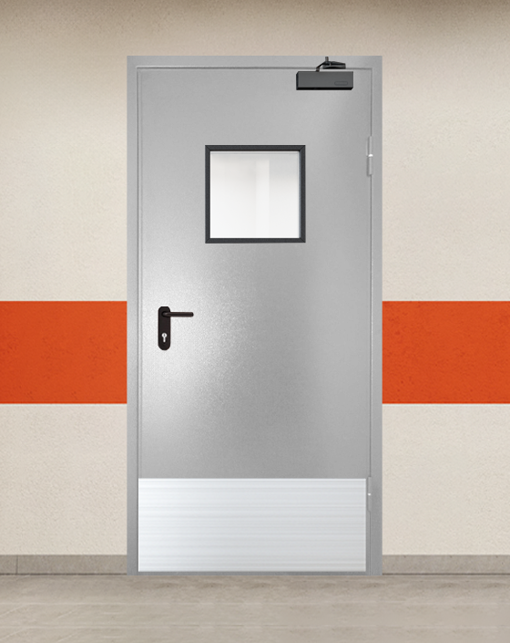 Противопожарная однопольная серая дверь порошковым напылением EI 90 с квадратным окном, широким отбойником