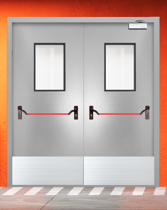 Противопожарная двупольная серая дверь порошковым напылением EIS 30 с ручкой антипаника, прямоугольным окном, широким отбойником
