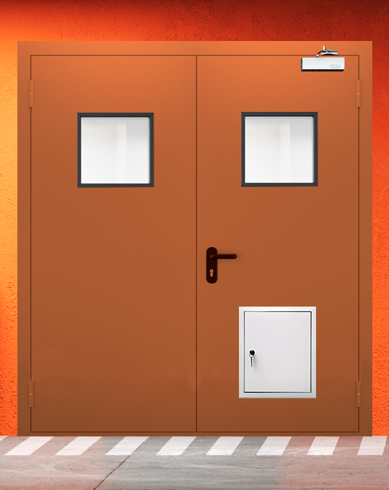 Противопожарная двупольная коричневая дверь EIS 60 с квадратным окном, стыковочным узлом