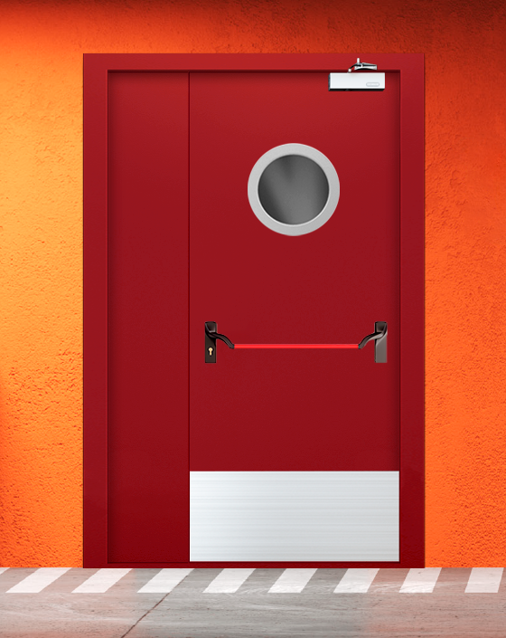 Противопожарная полуторная красная дверь EIW 60 с ручкой антипаника, круглым окном, широким отбойником