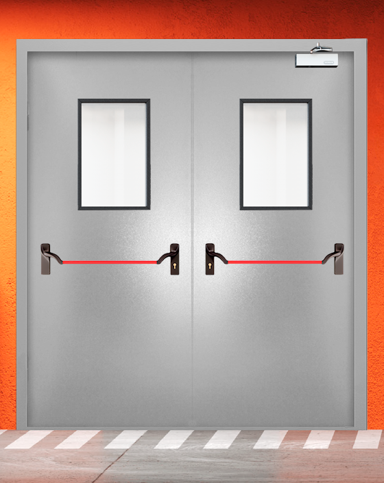 Противопожарная двупольная серая дверь порошковым напылением EIS 30 с ручкой антипаника, прямоугольным окном