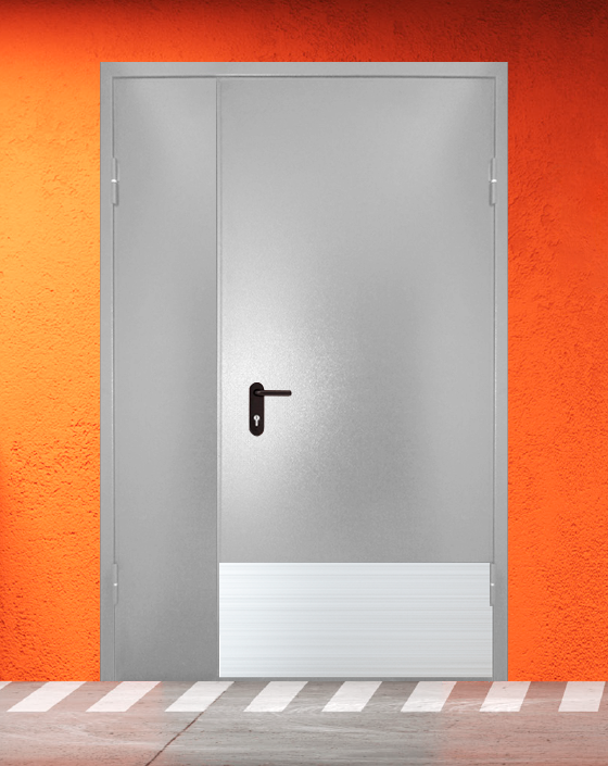 Противопожарная полуторная серая дверь порошковым напылением EIS 45 без доводчика с широким отбойником